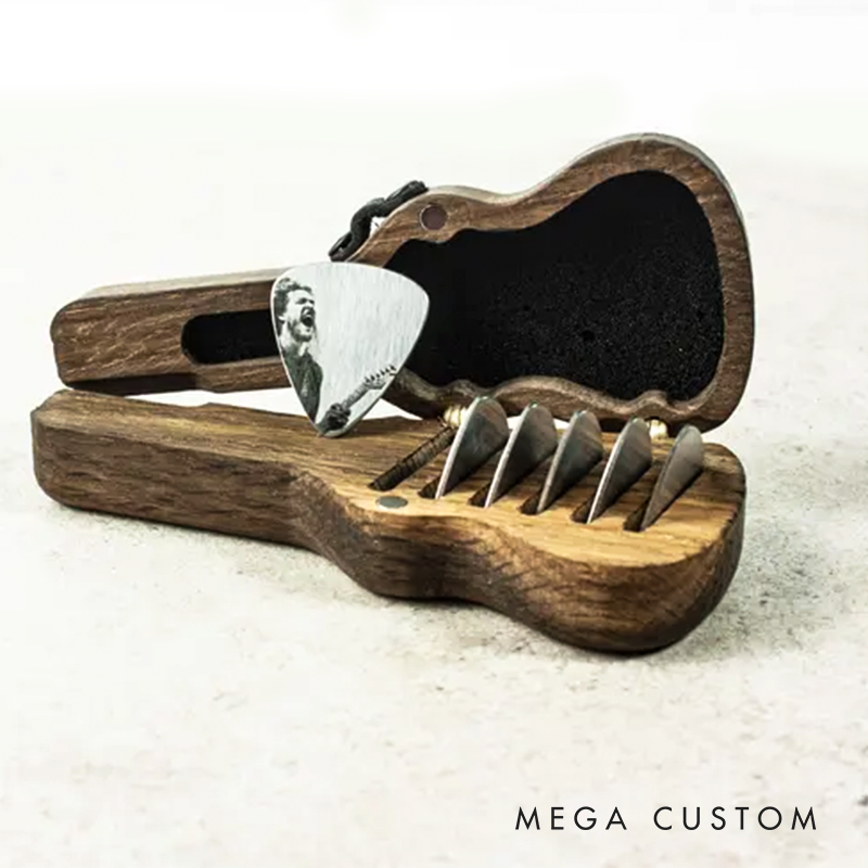Personalized Wooden Guitar Pick Holder Set Engraved Musician Gift for Christmas