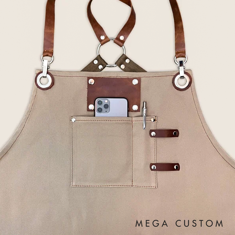 Personalized Logo Apron For Men And Women Custom Embroidery Name Tags Cotton Canvas With Cross-Back Leather Straps And Towel Ring