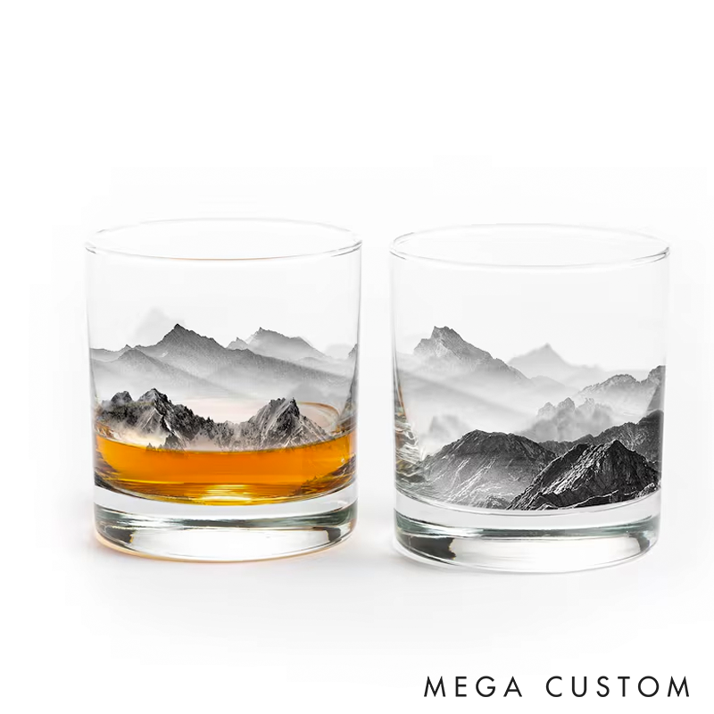 Mountain and Clouds Whiskey Glass Set Nature Barware Gift for Men  Hand Printed Rocks Glasses Mountain Decor 11oz Heavy Tumblers