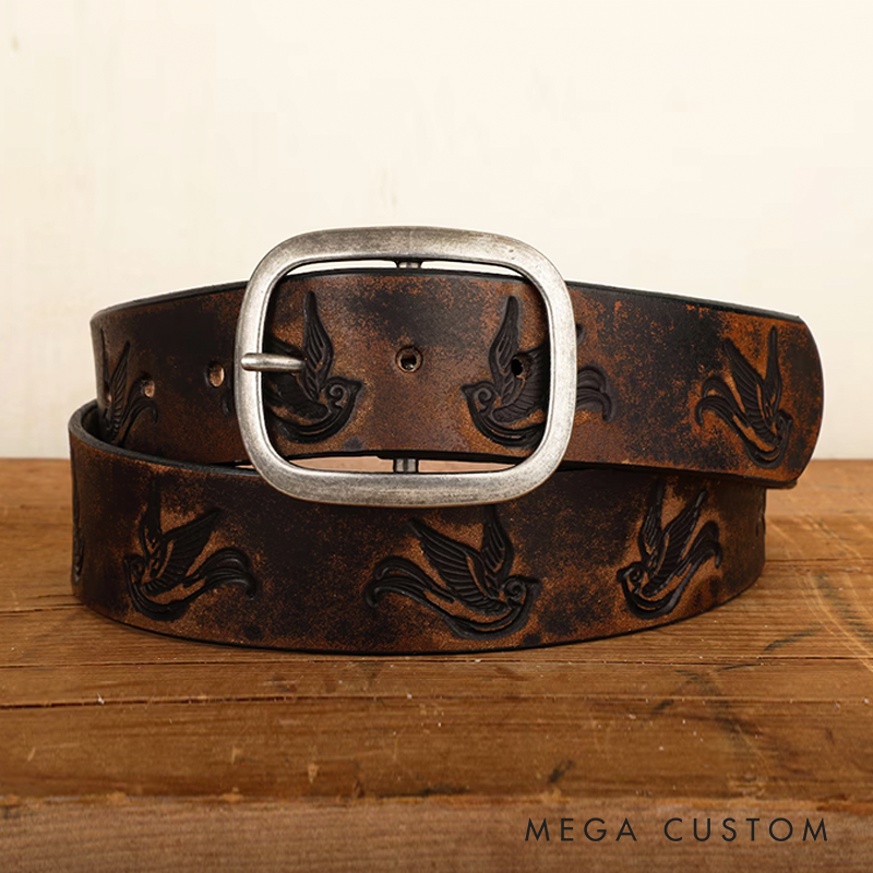 Sparrow Distressed Leather Belt Embossed & Vintage-Aged Western Style with Snap Closure Handmade in USA Swallow Bird Tattoo Flash Art