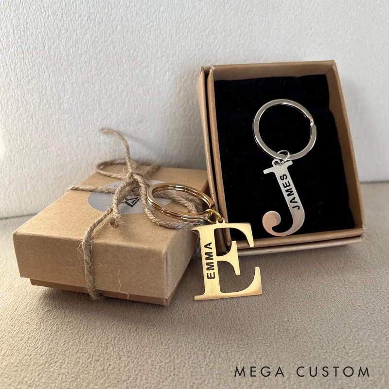 Personalized Name Keychain Custom Initial Metal Key Ring Laser Cut Stainless Steel or Brass