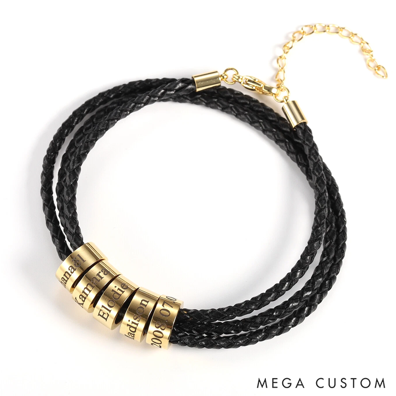 Personalized Mens Leather Bracelet Custom Bead Bracelet Engraved Name Bracelet for Him Gift for Husband Boyfriend