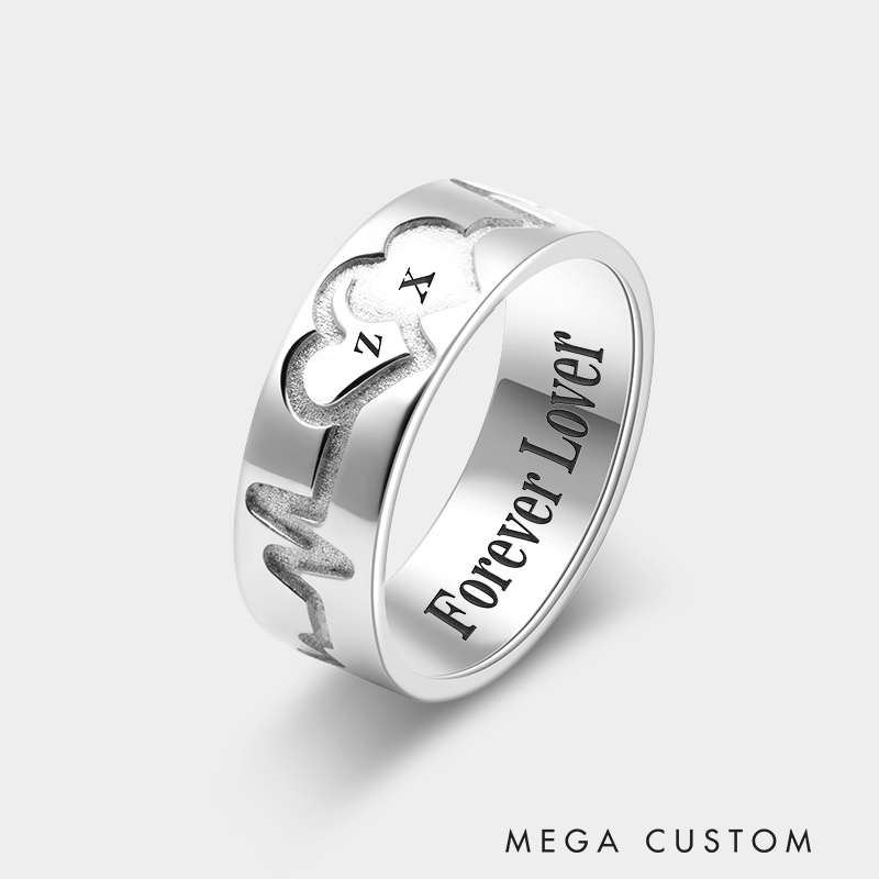 Personalized Sterling Silver Engraved ECG Double-Heart Overlapping Ring Necklace Necklace 925 Sterling Silver Gifts for Her