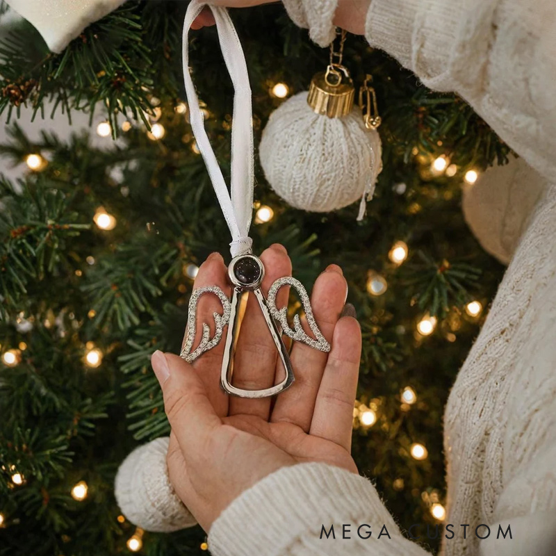 Personalized Angel Wings Photo Projection Ornament Custom Memorial Photo Projection Ornaments Family Remembrance Decoration Memorial Angel Keepsake