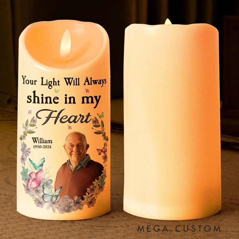 Personalized Photo LED Candle Your Light Will Always Shine In My Heart Memorial Gift Custom Memory Photo LED Candle