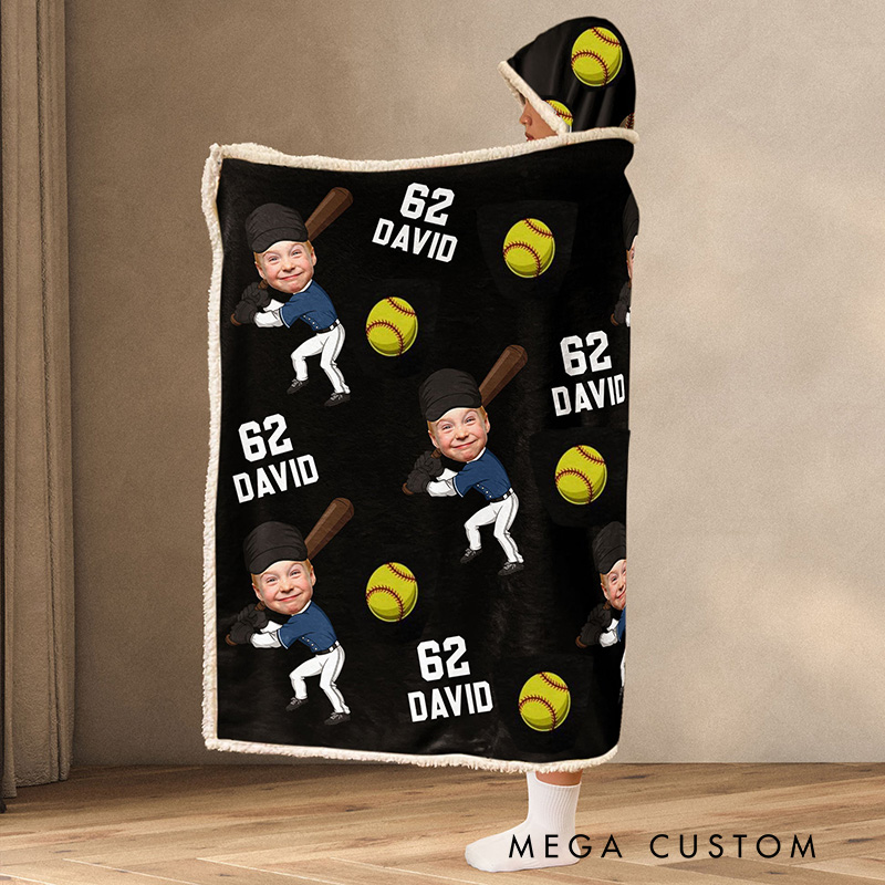 Personalized Photo Wearable Blanket Hoodie with Custom Kid Face Funny Softball and Baseball