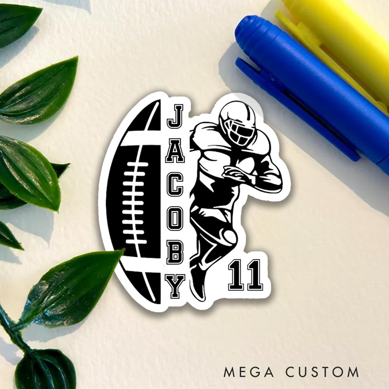 Personalized American Football Sticker with Custom Name and Number, Football Team Gift