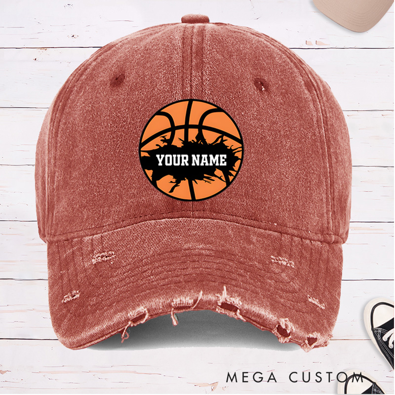 Personalized Distressed Denim Basketball Cap with Custom Name and Skyline Basketball Design