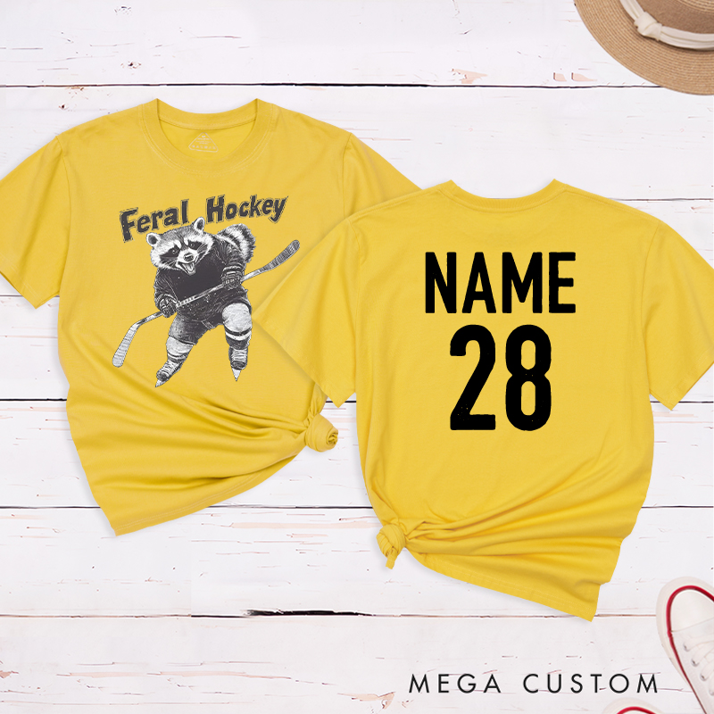 Personalized "Feral Hockey" Raccoon T-Shirt with Custom Name and Number