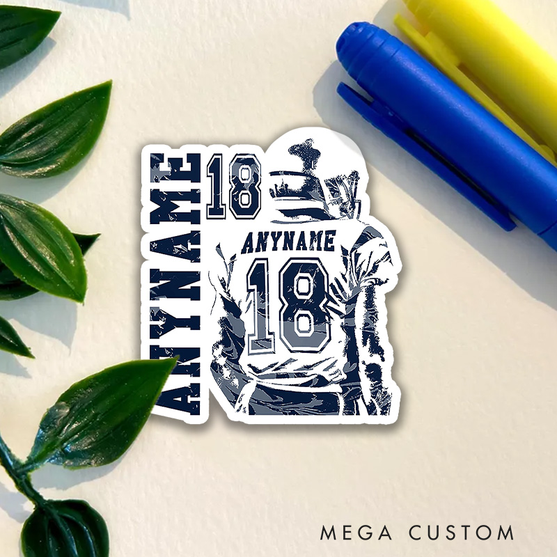 Personalized American Football Player Sport Sticker with Custom Name and Number on the Player Back