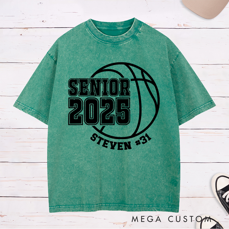 Personalized Washed T-Shirt Design Featuring Senior Year Basketball Graphic with Customizable Name and Number