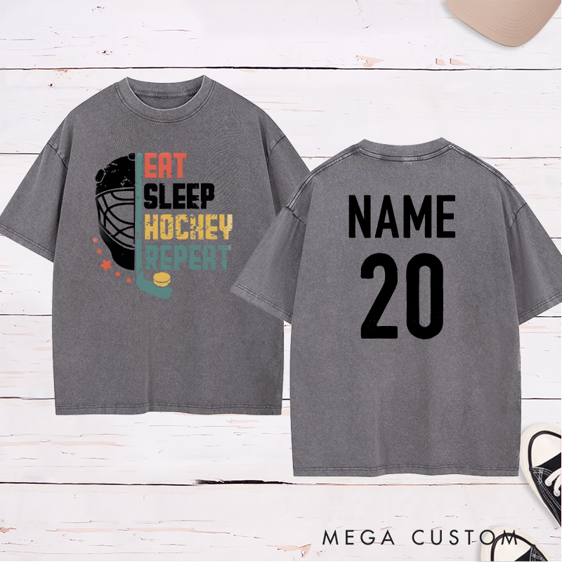 Personalized "Eat, Sleep, Hockey, Repeat" Washed T-Shirt with Custom Name and Number