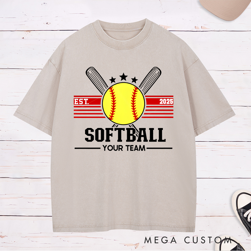 Personalized Softball Washed T-Shirt Team Logo Design Featuring a Customizable Year Team Name Bold Graphics and Classic Sports Elements