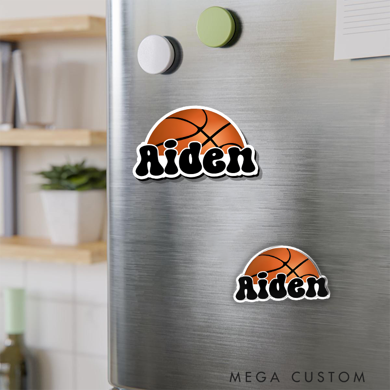 Personalized Basketball Refrigerator Magnet with Custom Name Bold Font Design and Half Basketball Graphic