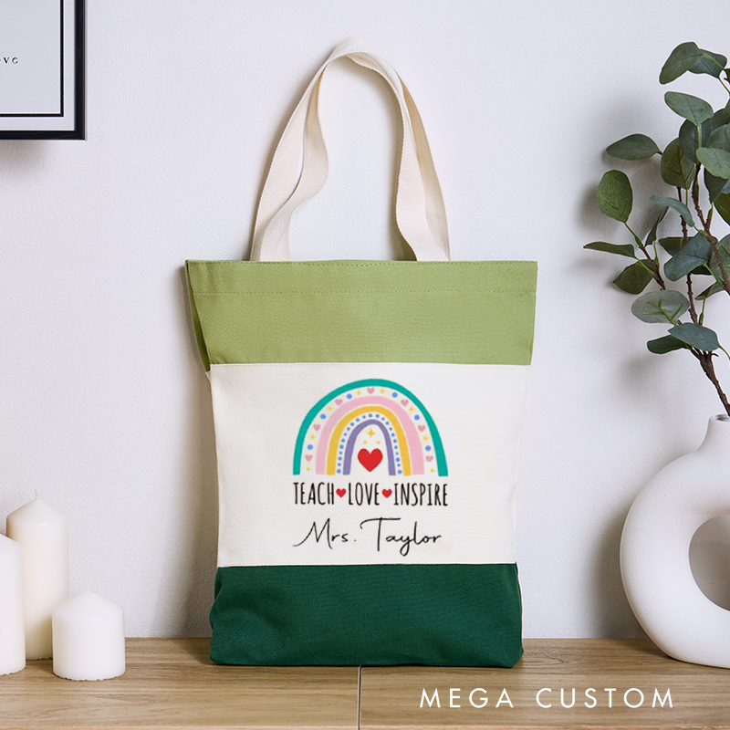 Personalized Teacher Tri Color Canvas Tote Bag Teach Love Inspire Teacher Appreciation Gift