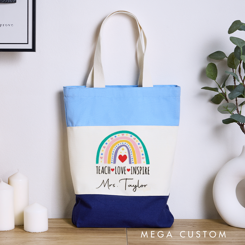 Personalized Teacher Tri Color Canvas Tote Bag Teach Love Inspire Teacher Appreciation Gift