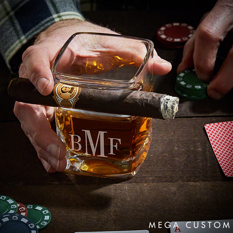 Personalized Bourbon Glass Custom Whiskey Glass with Cigar Holder Engraved Cigar Accessories for Whiskey Lovers