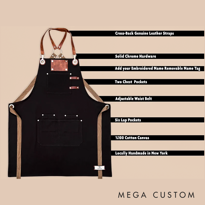 Personalized Logo Apron For Men And Women Custom Embroidery Name Tags Cotton Canvas With Cross-Back Leather Straps And Towel Ring
