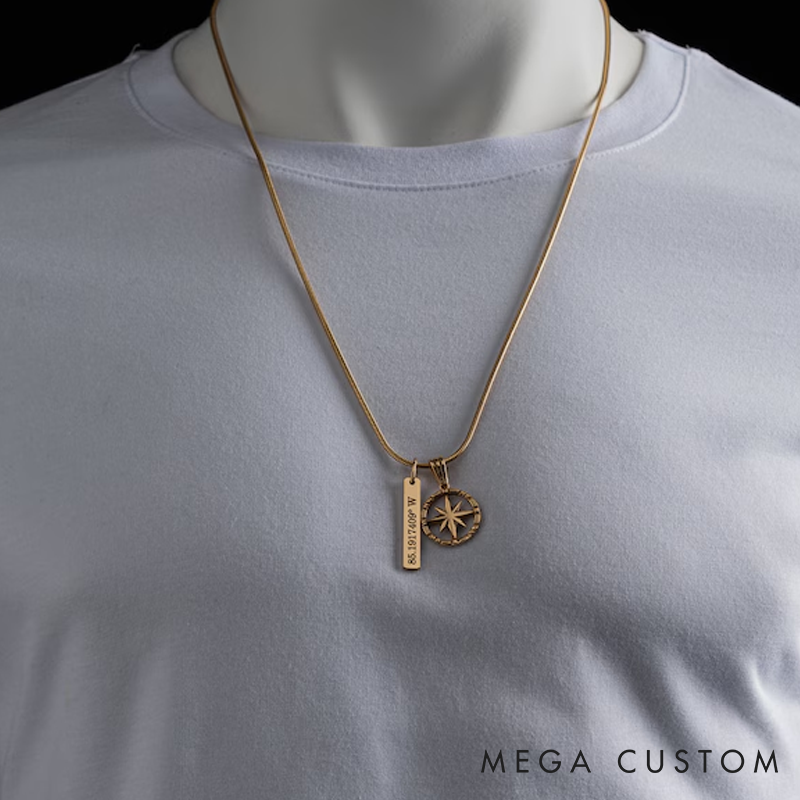 Personalized Sterling Silver Compass Necklace Personalized Engraved Bar Pendant