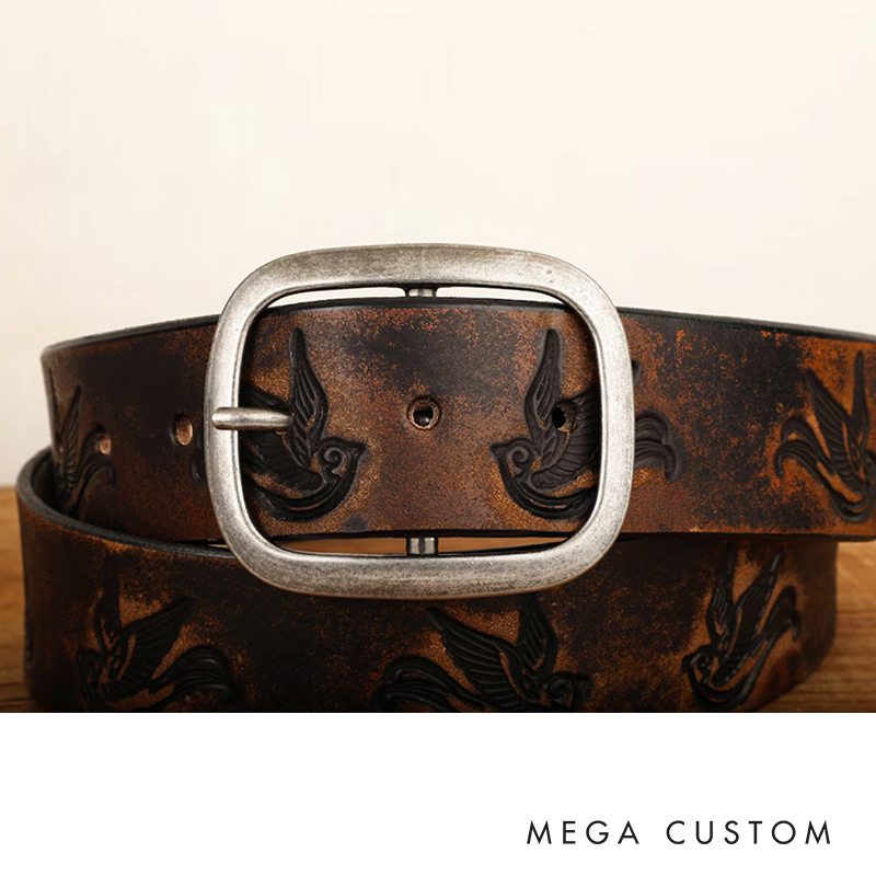 Sparrow Distressed Leather Belt Embossed & Vintage-Aged Western Style with Snap Closure Handmade in USA Swallow Bird Tattoo Flash Art