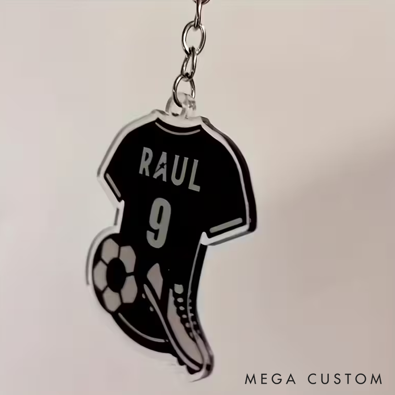 Personalized Soccer Jersey Keychain with Name And Number Featuring Designs of a Soccer Ball And Shoes - a Gift for Soccer Players Fans And Coaches for Birthdays Anniversaries