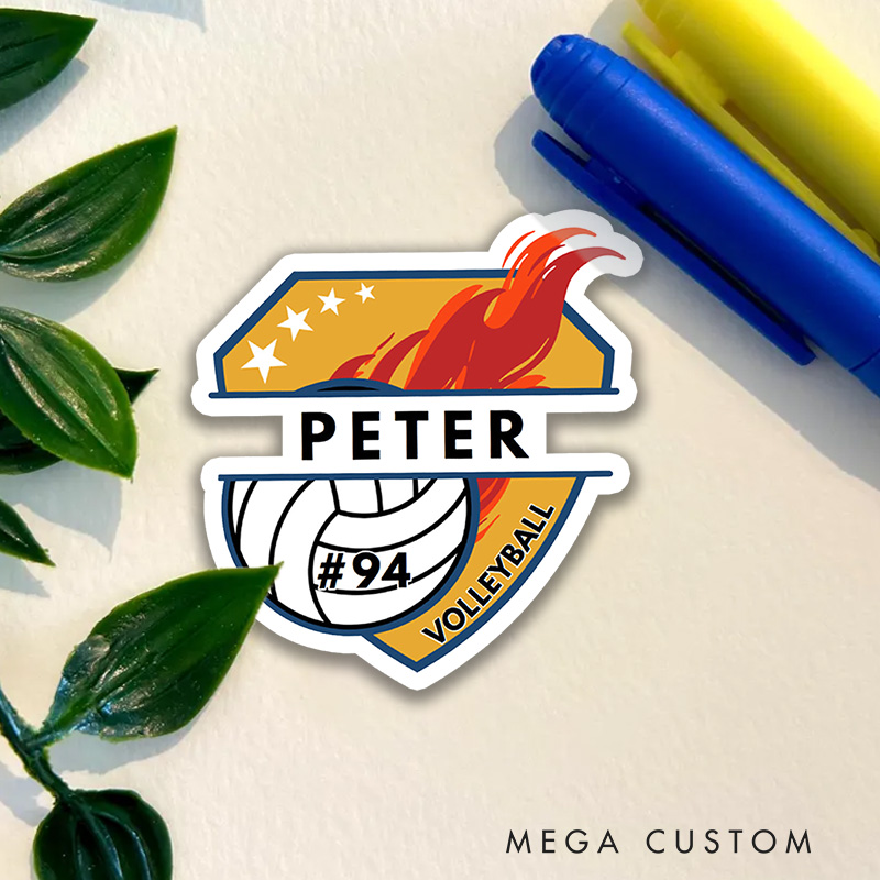 Personalized Volleyball Fire Sticker with Custom Player Name and Number for Athlete Sticker