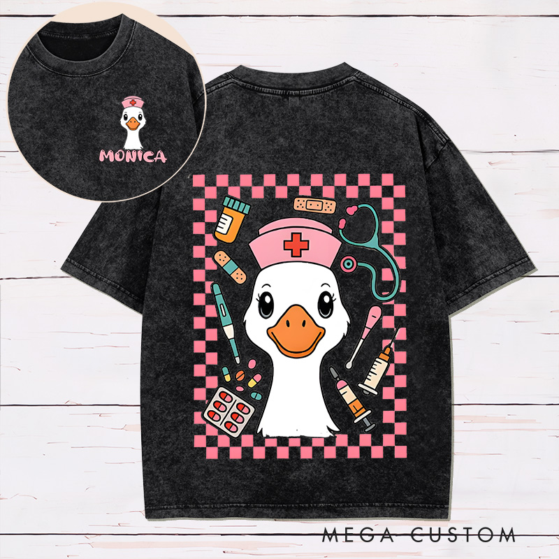 Personalized Two Sides Printed Washed T-Shirt Customized Nurse Goose Fun Design Washed T-Shirt 