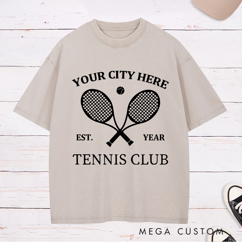 Personalized Tennis Washed T-Shirt Featuring Timeless Club Logo and Custom Name and Year