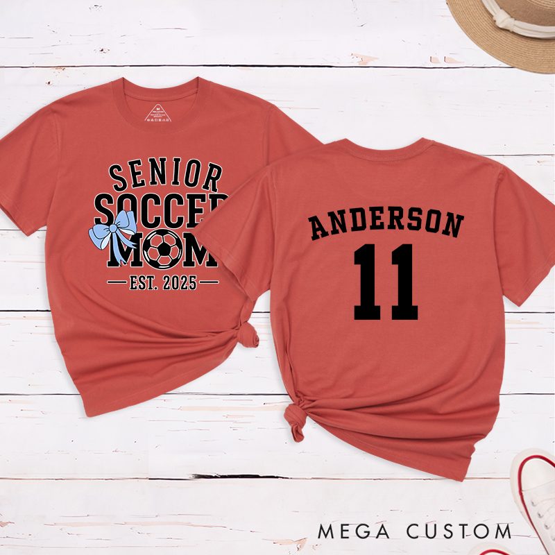 Personalized Senior Soccer Mom T-Shirt with Custom Name, Number, and Graduation Year