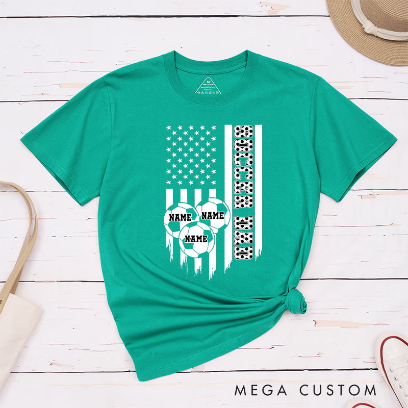 Personalized Soccer Dad T-Shirt with American Flag and Custom Name