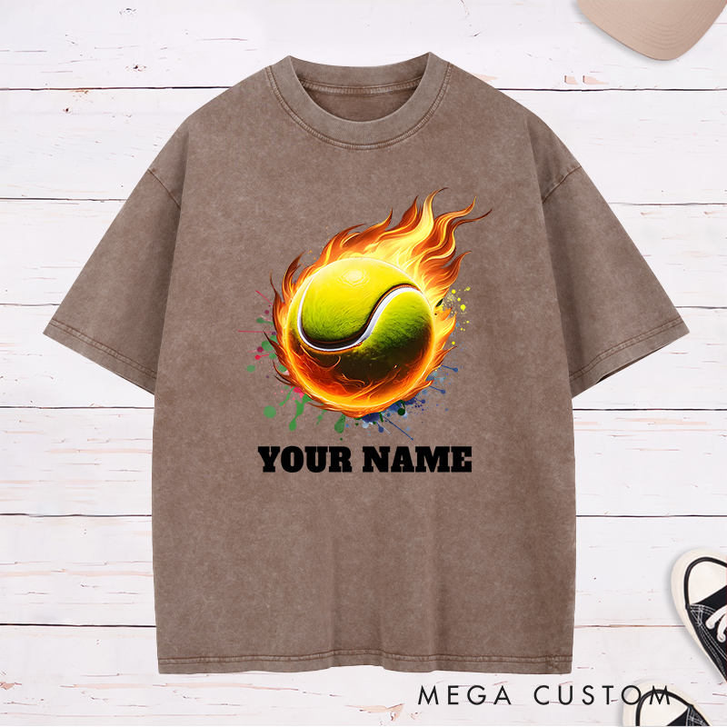 Personalized Tennis Washed T-Shirt with Flaming Ball and Custom Name 
