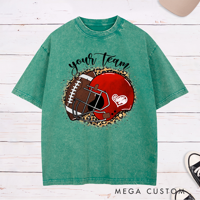Personalized American Football Ball And Helmet Washed T-Shirts Featuring Custom Team Name