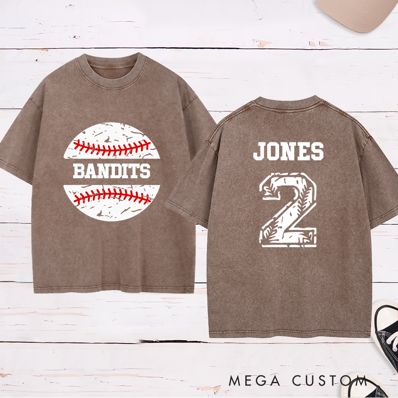 Personalized Baseball Team Washed T-Shirt with Vintage Baseball Design and Custom Name and Number