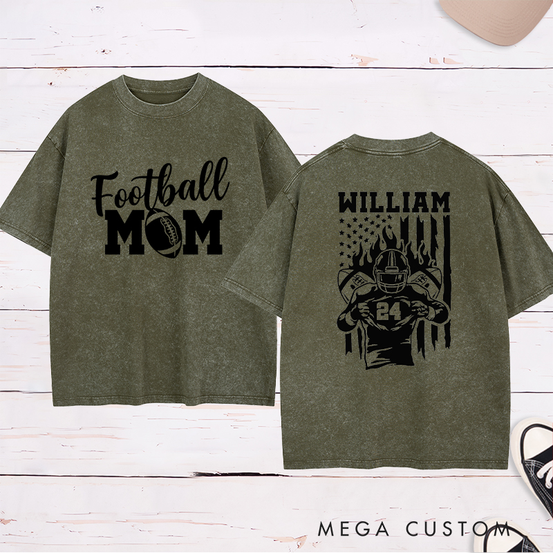 Personalized American Football Mom Washed T-Shirts Featuring Custom Team Name and Number for Proudly Supporting Your Star Player