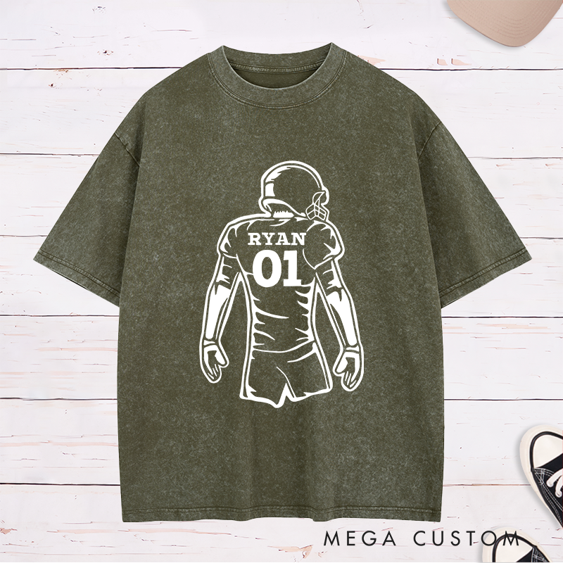 Personalized American Football Player Silhouette Design Washed T-Shirt with Custom Name and Number