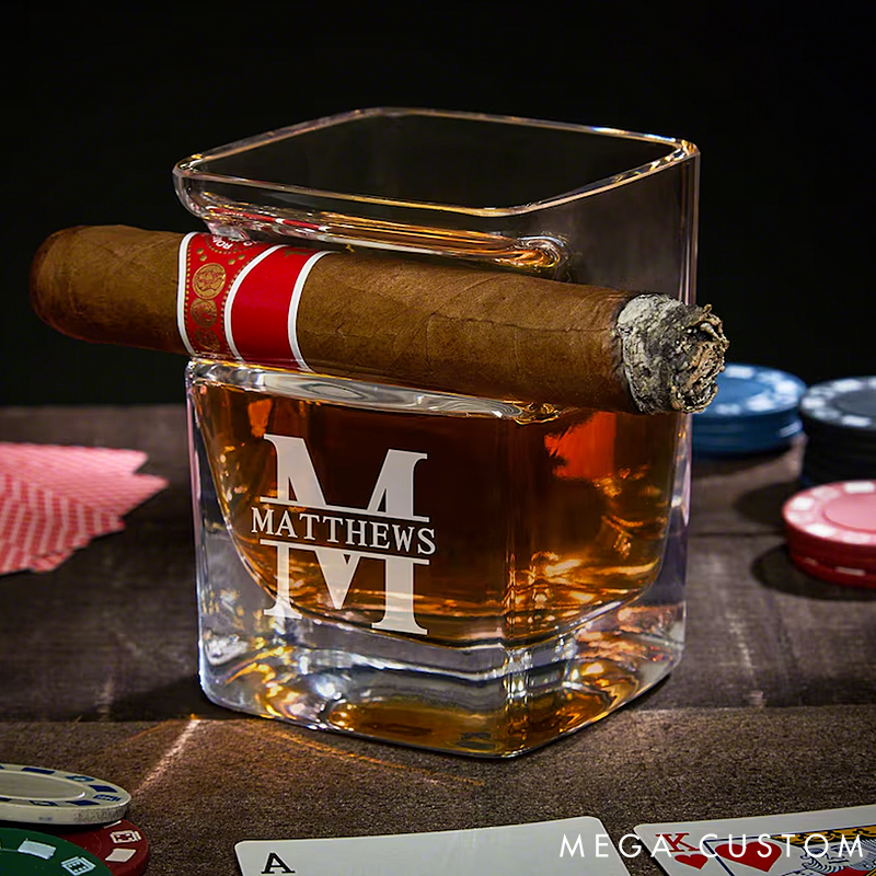 Personalized Bourbon Glass Custom Whiskey Glass with Cigar Holder Engraved Cigar Accessories for Whiskey Lovers