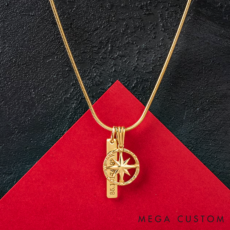 Personalized Sterling Silver Compass Necklace Personalized Engraved Bar Pendant