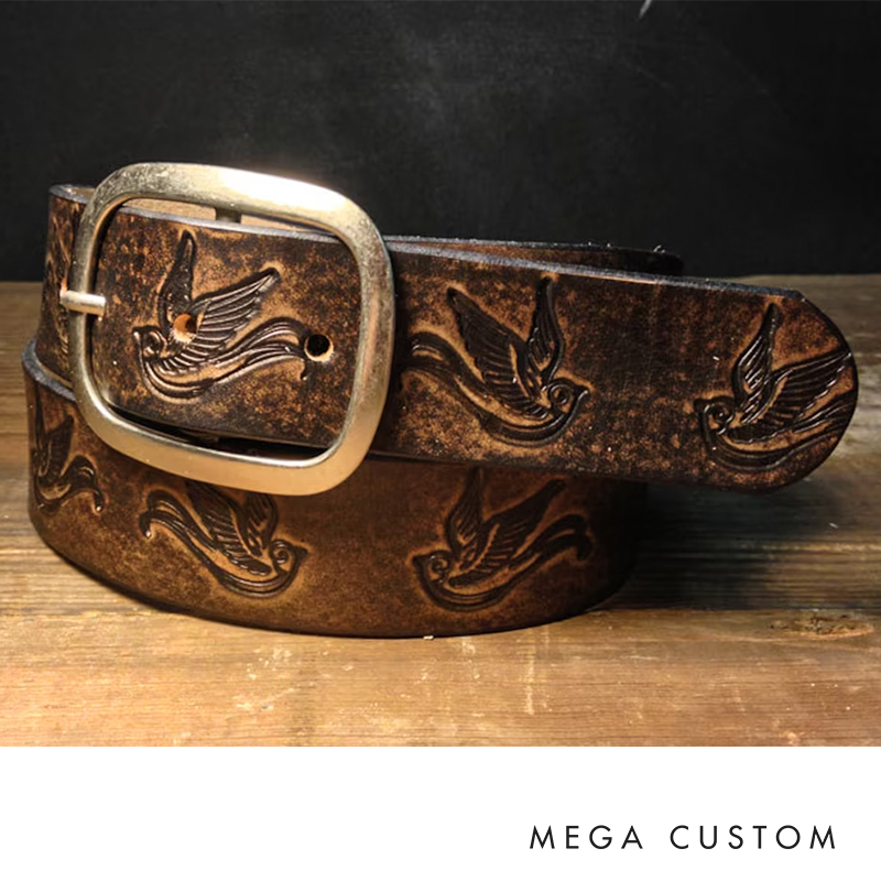 Sparrow Distressed Leather Belt Embossed & Vintage-Aged Western Style with Snap Closure Handmade in USA Swallow Bird Tattoo Flash Art