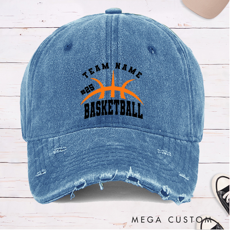 Personalized Distressed Denim Basketball Cap with Custom Team Name Player Number and Basketball Graphic Design