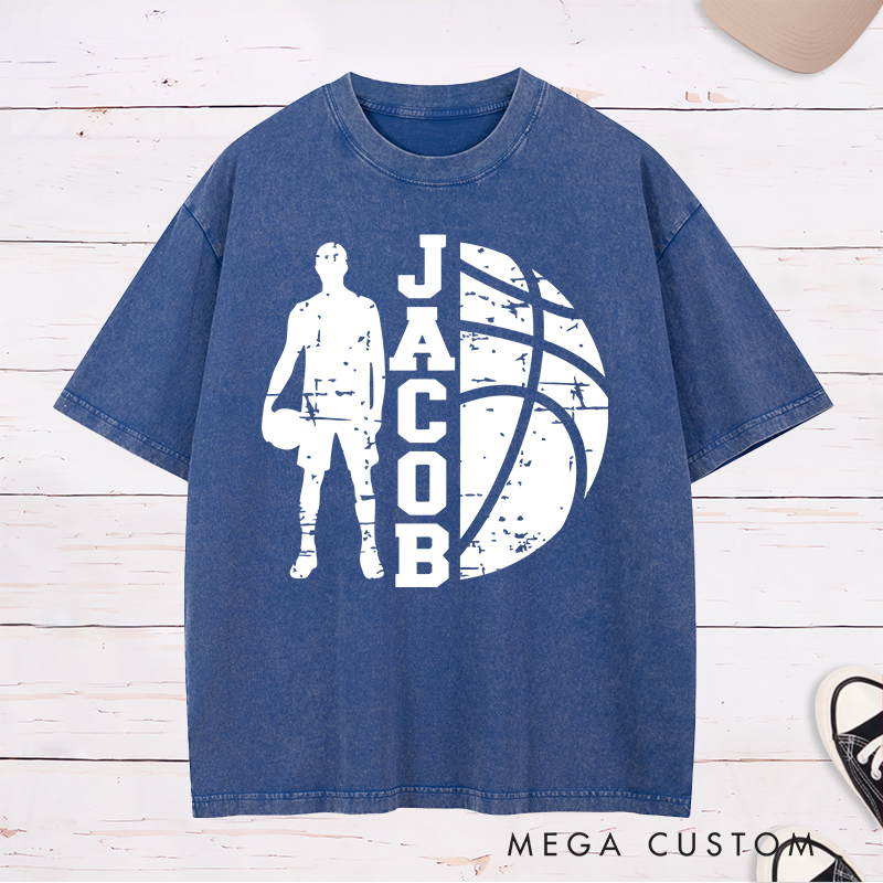 Personalized Washed T-Shirt Design Featuring a Distressed Basketball Player Silhouette with Customizable Vertical Name and Bold Graphic Style