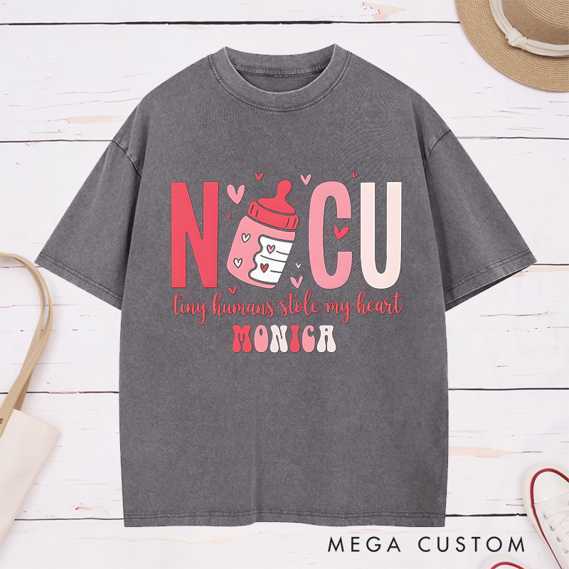 Personalized Nurse Washed T-Shirt Customized NICU Tiny Humans Stole My Heart Design Washed T-Shirt 