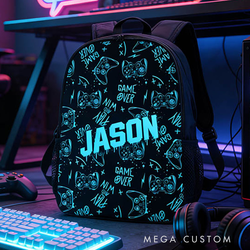 Personalized Blue Watercolor Style Game Controller Backpack Custom Name for Kids and Game Lovers Birthday Black to School Christmas Gift