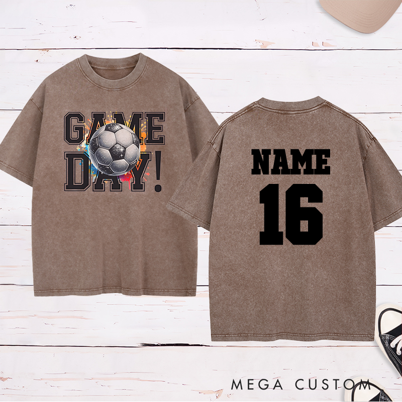 Personalized Soccer Washed T-Shirt Featuring Vibrant Splash Design and Custom Name and Number