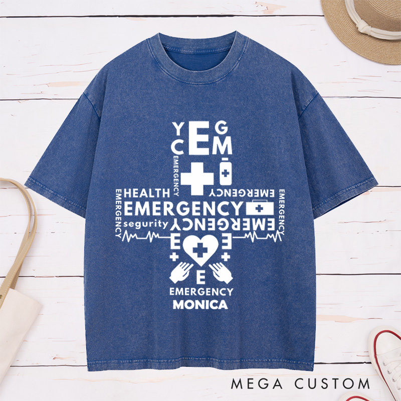 Personalized Nurse Washed T-Shirt Customized Emergency Cross Design Washed T-Shirt 