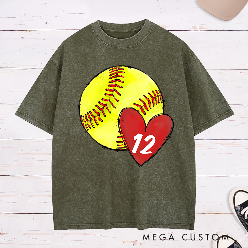Personalized Softball Washed T-Shirt Design Featuring Hand-Drawn Softball Graphic Heart Element and Customizable Player Jersey Number for a Unique Supportive Look