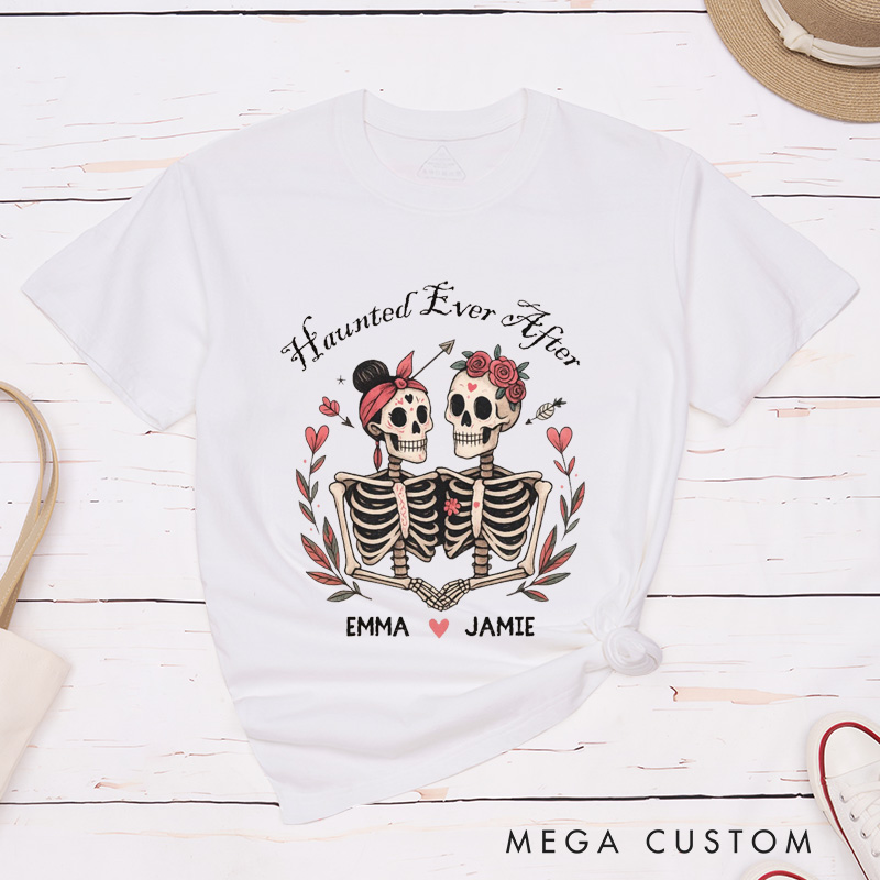 Personalized Gothic Skeleton Couple Matching Halloween T-Shirt Funny Haunted Ever After Shirt for Couple