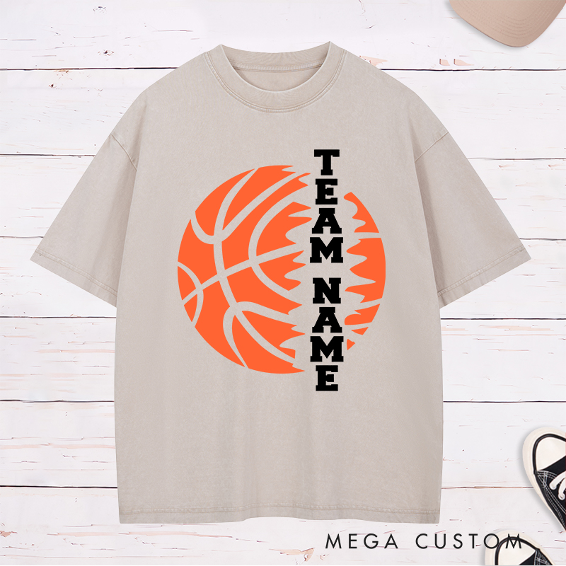 Personalized Washed T-Shirt Design Featuring Custom Team Name with Bold Vertical Text and Dynamic Basketball Graphic