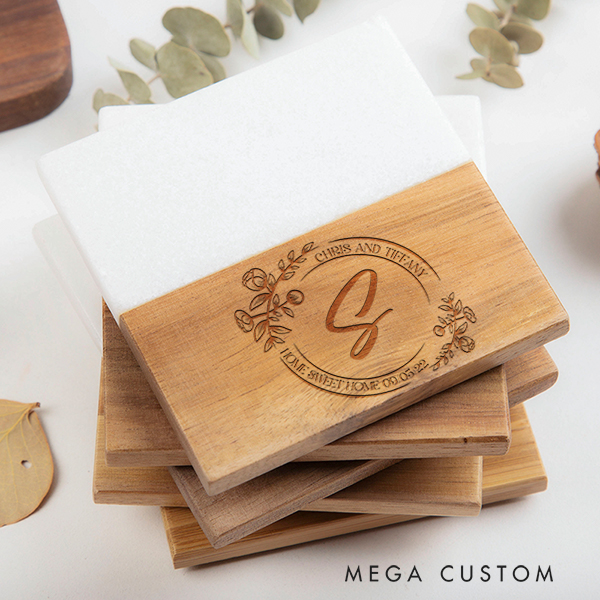Personalized Marble and Wood Coaster Floral Monogram Home Coaster Housewarming Gift New Home Gift for Couple Wedding Gifts Moving Gifts