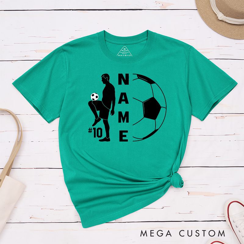 Personalized Soccer T-Shirt with Player Silhouette and Custom Name and Number Design