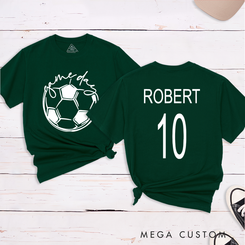 Personalized Soccer T-Shirt with Custom Name, Number, and "Game Day" Graphic Design